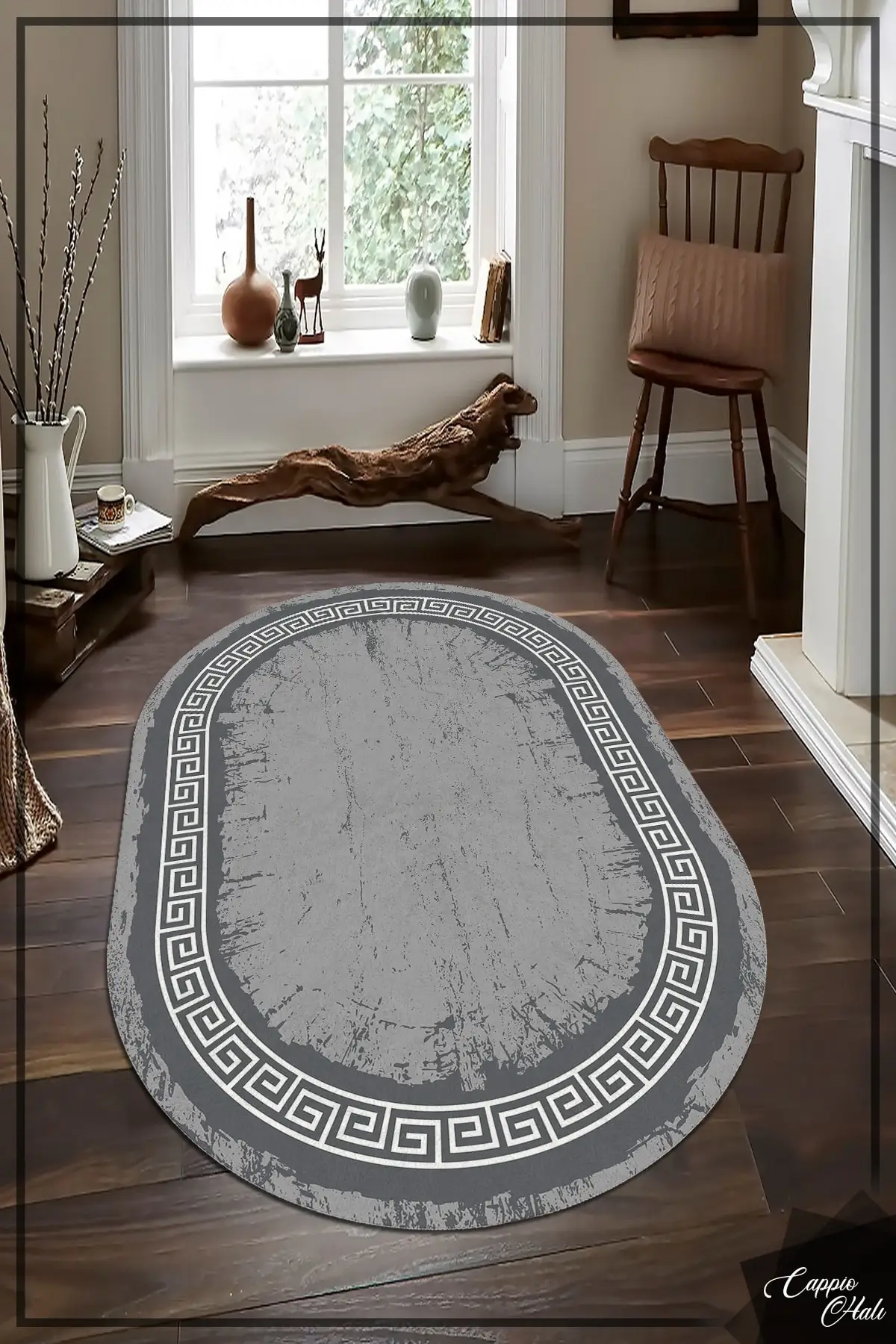 

DOLBOVI gray chain patterned Eskitme Oval carpet (non-slip leather sole machine washable) -cp1082