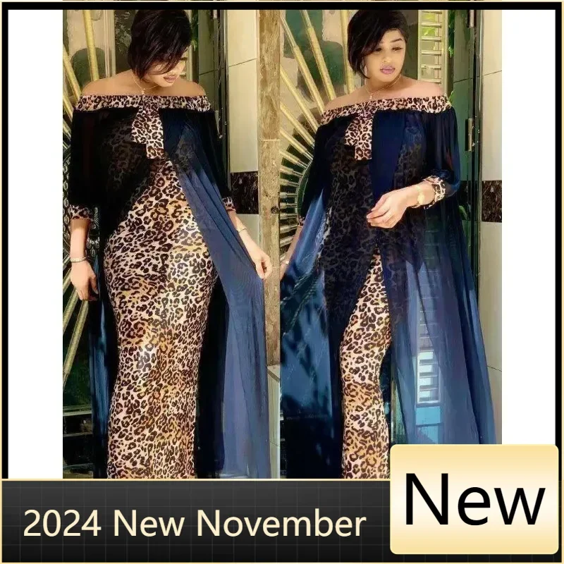 Plus Size Clothing Autumn Sexy Leopard Printed Dashiki African Dresses for Women Party Half Sleeve Slash Neck Femme Robe L-2XL