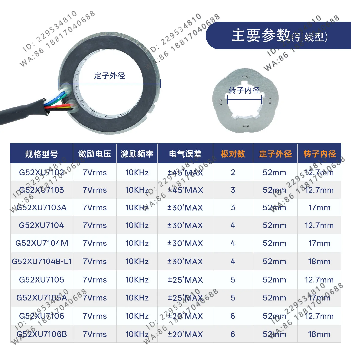 G52XU7104M/7106B/7103A, reluctance resolver, special rotation for servo motor, outer diameter 52mm