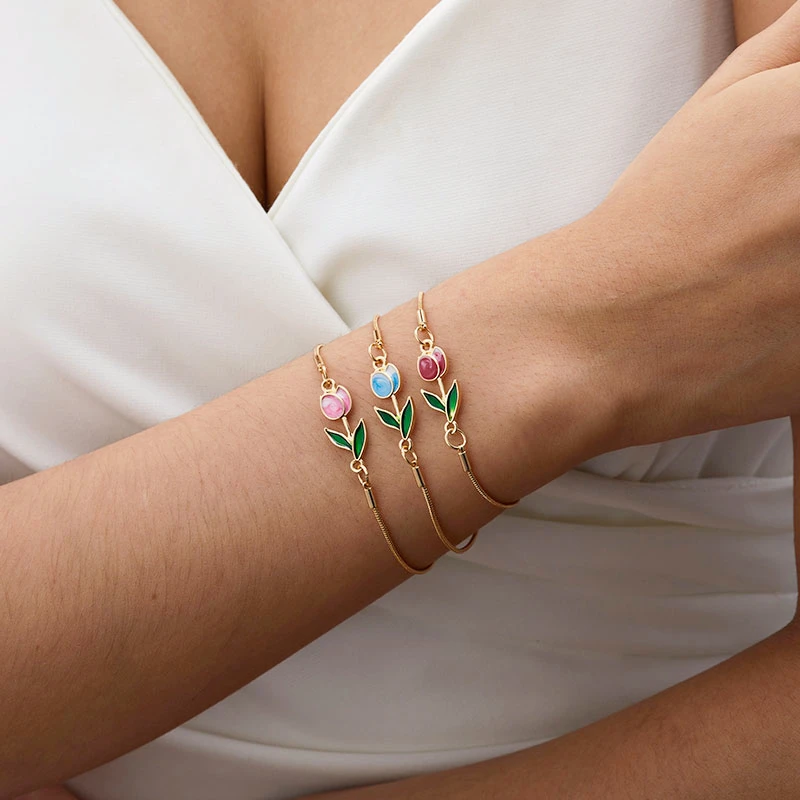 New Fashion Elegant Tulip Rose Bracelet For Women Vintage Colorful Flower Gold Color Metal Chain Bracelets Aesthetic Jewelry