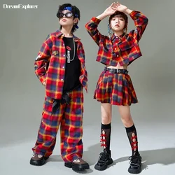 Boys Hip Hop Plaid Shirt Cargo Pants Girls Street Dance Retro Jacket Skirts Children Streetwear Clothes Sets Kids Jazz Costumes