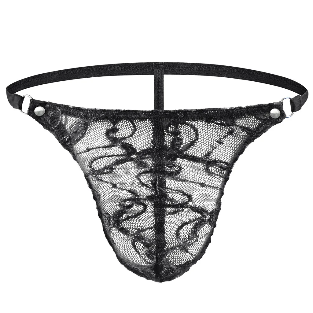 

Sissy Erotic Lace Sheer Leg Trunk for Men T Back Thong Backlesss G-String Gay Sexy U Convex Pouch Hollow Out Open Butt Underwear