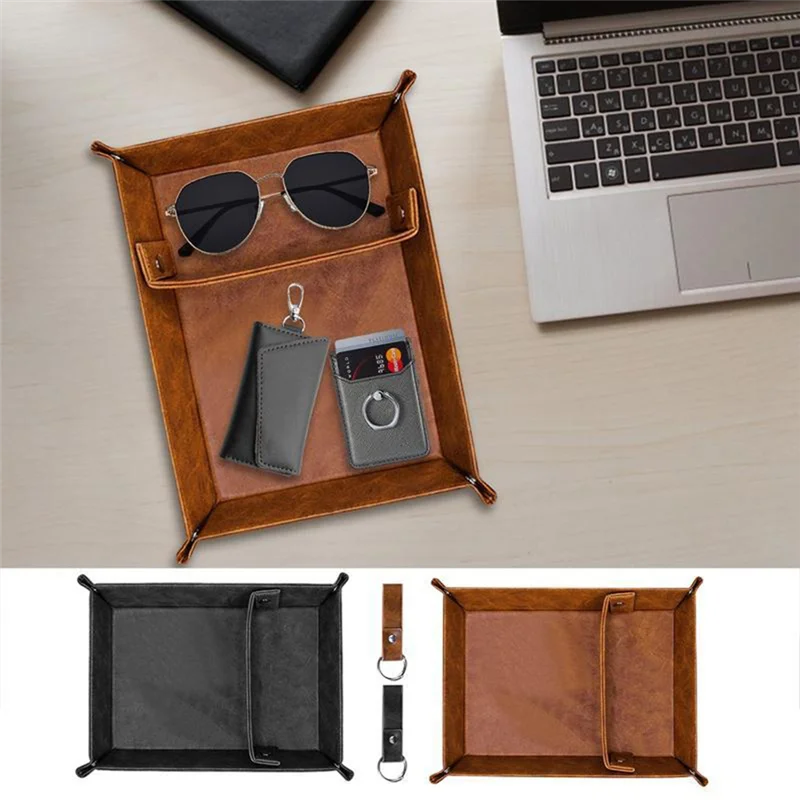 AB15-PU Leather Valet Tray For Men - Nightstand Organizer With Dividers, Ideal For Desk, Bathroom & Bedside Storage