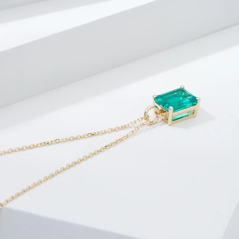 Emerald Cut Jewelry Lab Grown  Emerald Color Gemstone Prongs Necklace