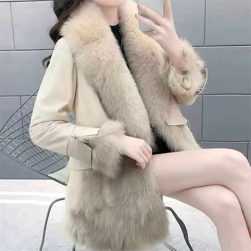 Fur coat Women 2025 winter new fashion slim PU leather splicing imitation fox fur collar mid-length jacket-Female outerwear T791