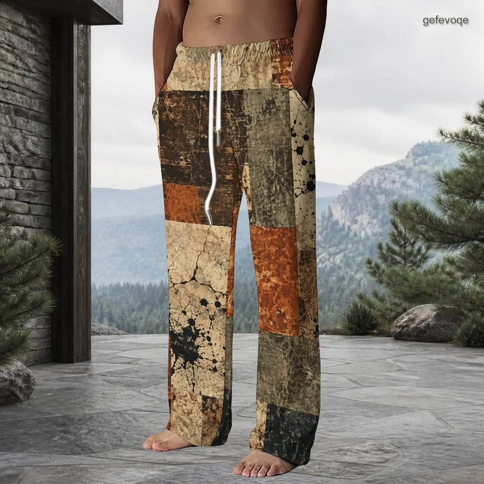 Men Drawstring Waist Full Length Straight Leg Pants, Brown Beige Rust Black Distressed Patchwork Printed Trousers