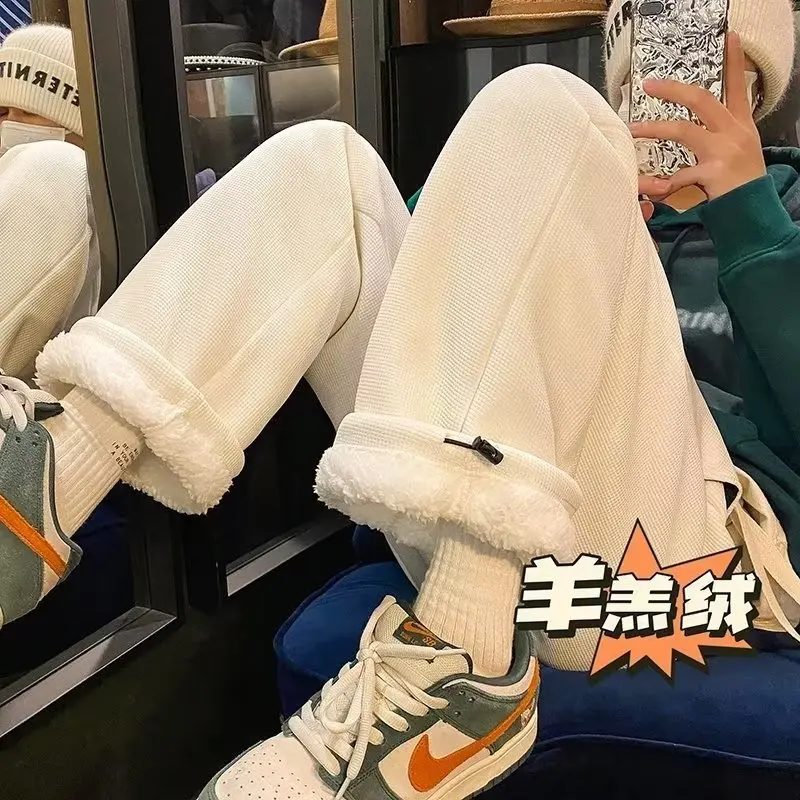 

Lamb Fur Lined Thiened Winter Casual Pants Men's plus Size Straight Leg Wide Leg Comfortable Faionable Urban Sle