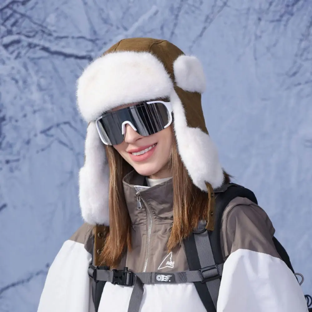Gorro de piloto portátil con orejeras para mujer, gorro de ciclismo de felpa resistente al frío y al viento, gorro ruso grueso que mantiene el calor
