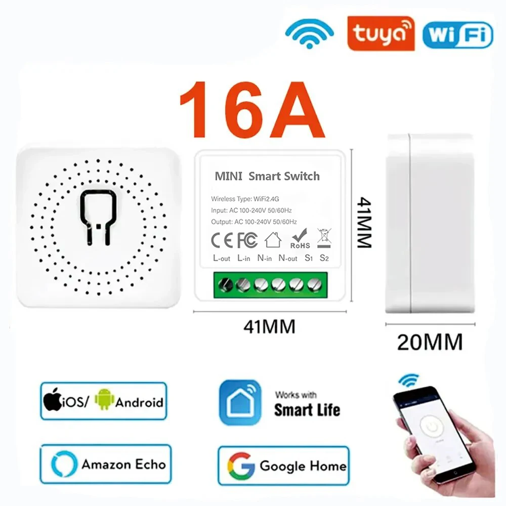 Interruptor Mini Wifi 16A DIY para Casa Inteligente, Controle de Relé de 2 Vias, Controle Remoto pelo APP Smart Life, Funciona com Alexa e Google Home