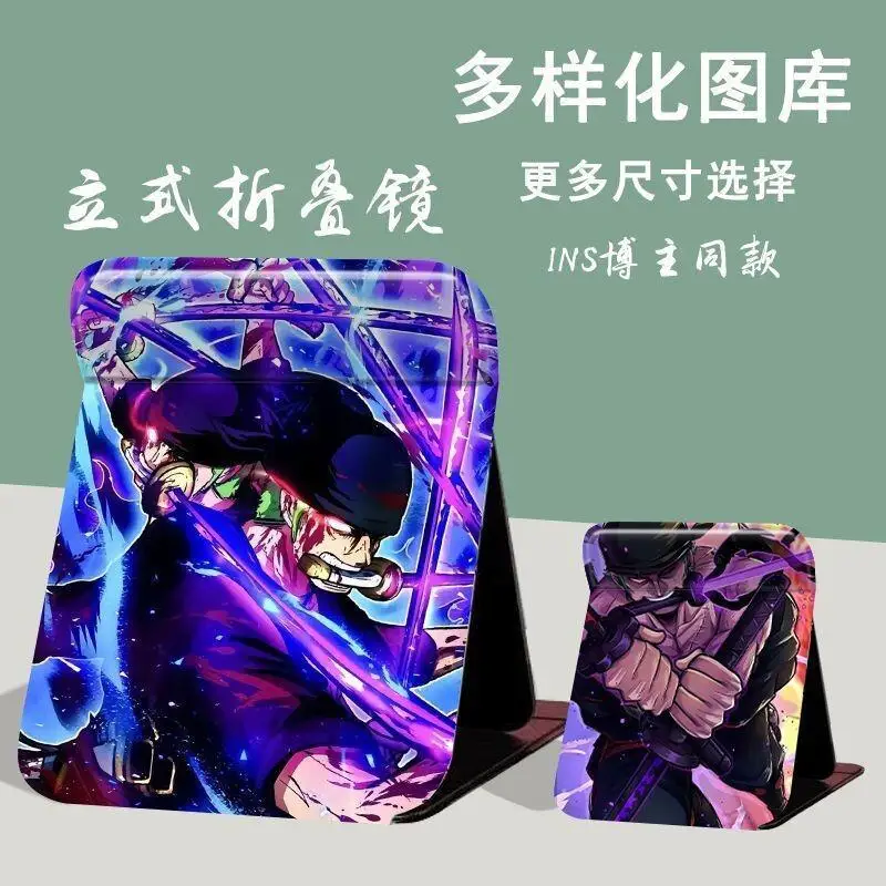 One Piece Makeup Mirror Cartoon Folding Portable Desk Dormitory Storage Compact Lightweight Student Travel Mini Pocket Holder
