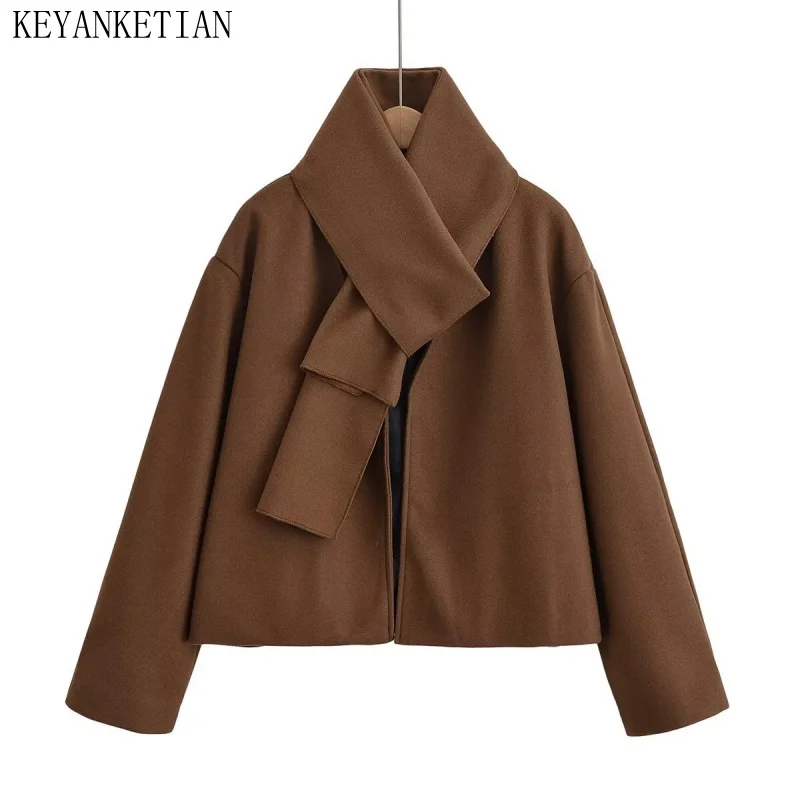 

KEYANKETIAN осенне-зимняя новая женская одежда, шерстяное пальто с открытым воротником, шарфом и воротником, декоративное шерстяное пальто, женская куртка-накидка