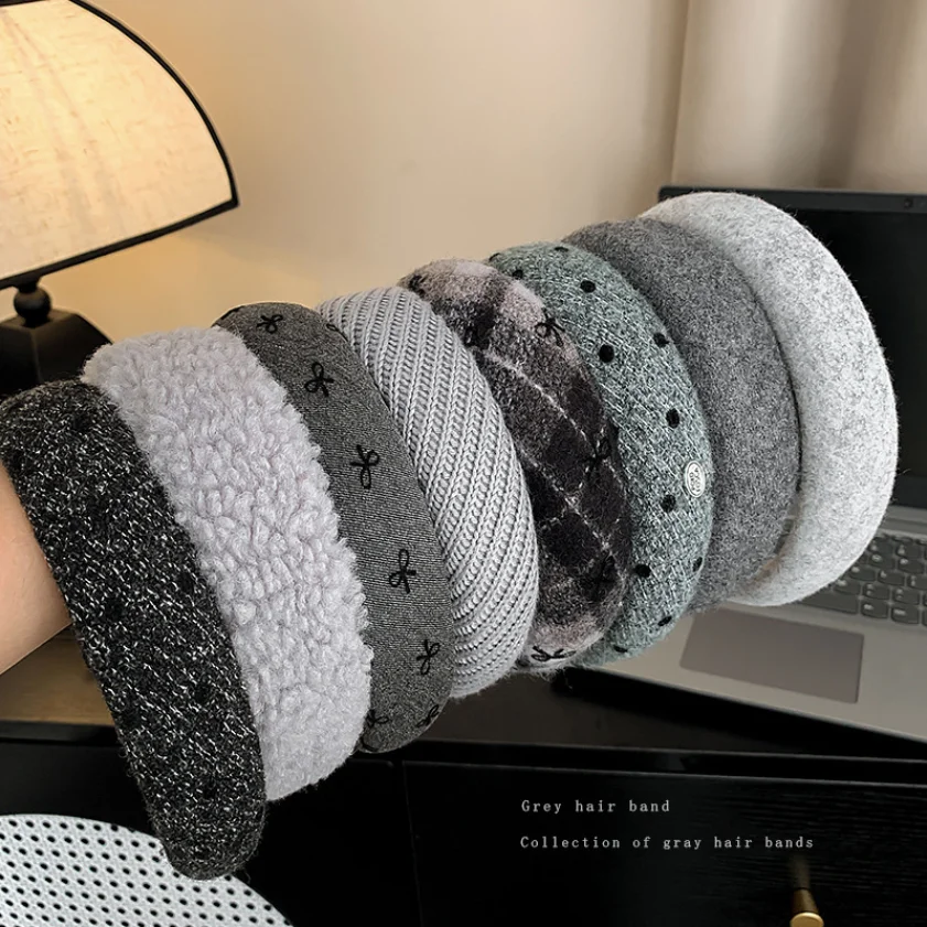 Neue graue Stirnbänder Retro gestrickte Schleife Wolle breites Haarband für Frau Mädchen elegante Haarband Dame Winter Mode Haarschmuck – Detail 2