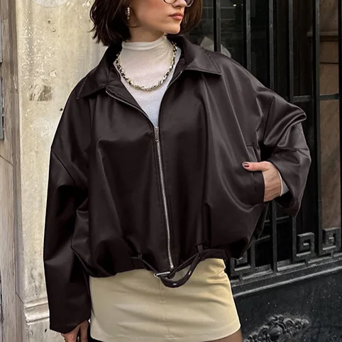 

Vintage Brown Autumn Women's Leather Jacket Turn Down Collar Zipper Spliced Lady's Outwear High Street Motorcyclecoat For Female