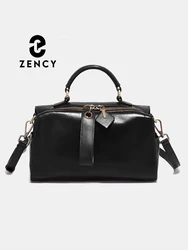 Zency Black Retro Cowhide Leather Ladies Designer Handbag Luxury Women Shoulder Bag Satchel With Ethnic Style Wide Strap