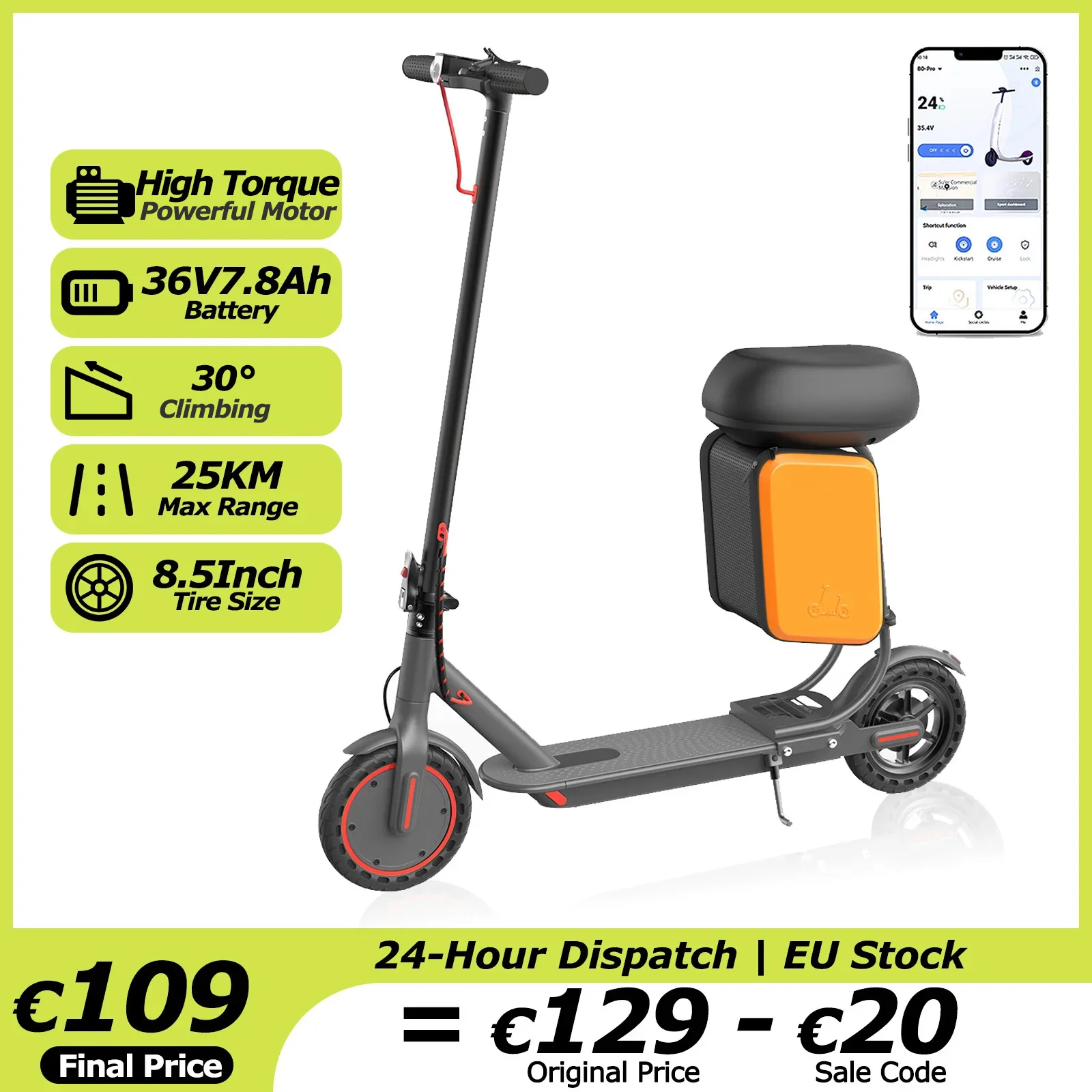 Trottinette électrique AOVOPRO Urban X1 avec siège, moteur puissant 36V7.8Ah, autonomie de 25 km, avec boîte de rangement, roues de 8,5 pouces, application mobile, double freinage, EScooter