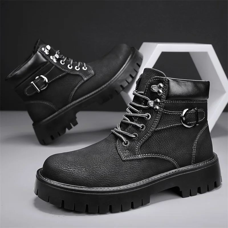 

Men's boots autumn and winter new plus size warm plush casual leather boots fashion British outdoor work boots men's cotton shoe