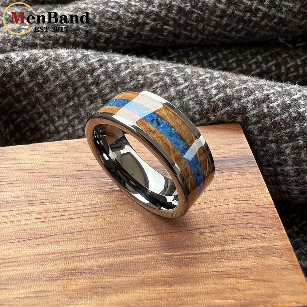 MenBand 8mm Blue Opal Whisky Barrel Wood Inlay Gold Tungsten Ring for Men Women Fasion Wedding Band Comfort Fit