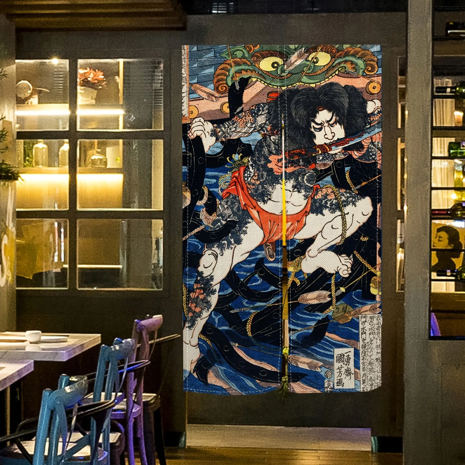 Cortina de Puerta con Diseño de Guerrero Samurai Japonés, Arte Ukiyo-e, Decoración Tradicional de Estilo Tatuaje, Biombo para el Hogar