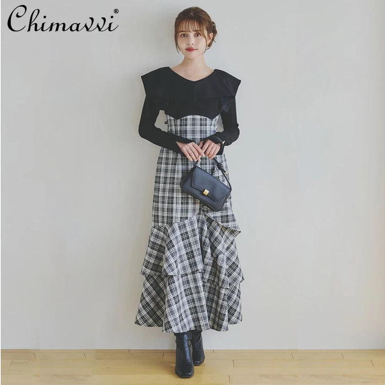 Japonês plissado hem emenda em camadas fishtail vestido primavera e verão nova moda magro manga comprida lapela elegante vestidos longos