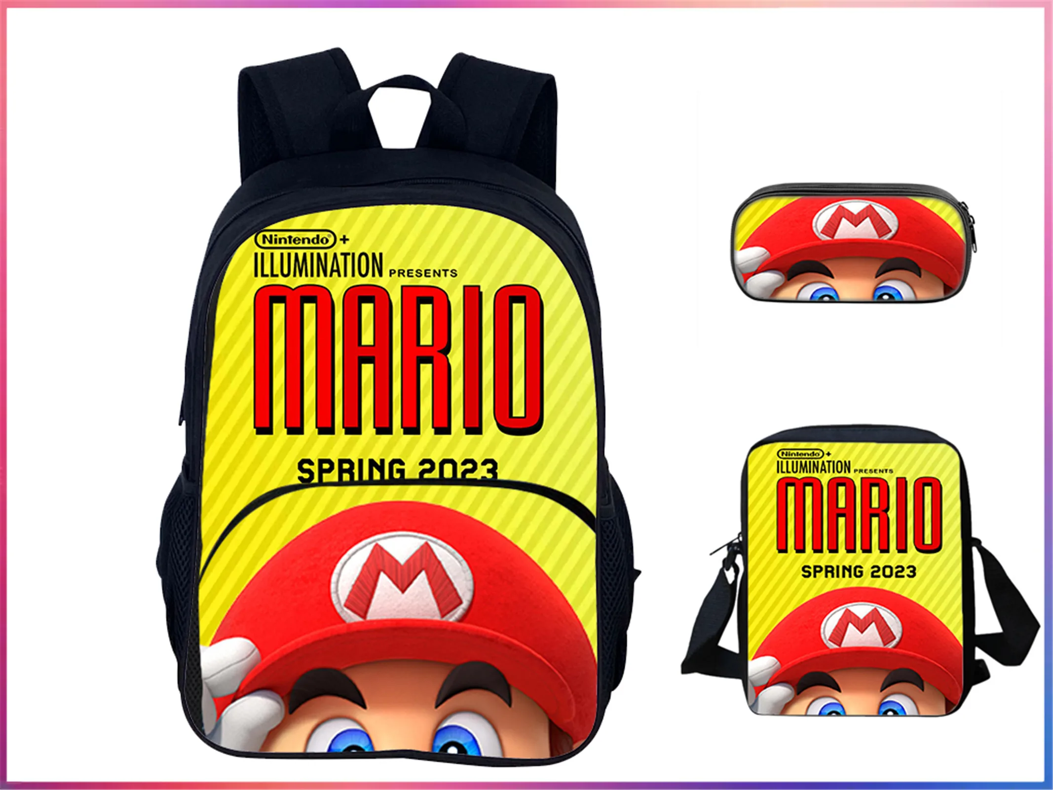

Student Super Mario Classic Knapsack+Water Proof Shoulder Bag+Pencil Box 3 in 1 Set-Back to School Backpack for Unisex Kid
