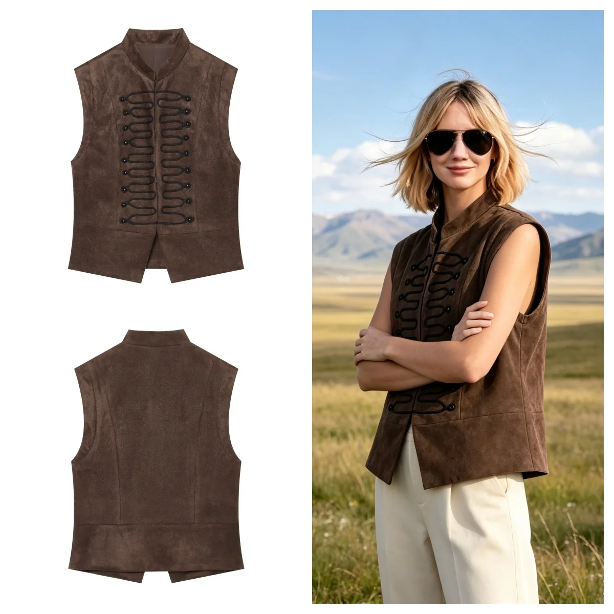 Women Coffee Chic Suede Texture Vest Autumn Winter Female Stand Sleeveless Knot Button Retro Coats Lady Casual Waistcoat Jackets