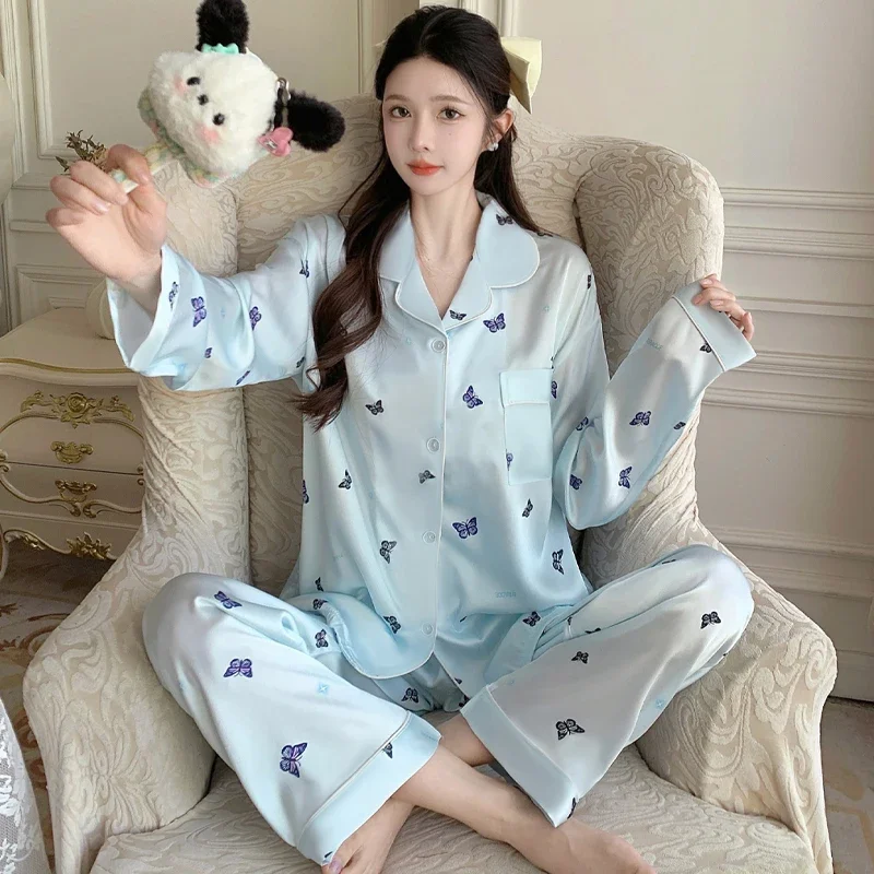 French Literary Aesthetics Design Women's Pajamas Autumn Chic Butterfly Y2k Blue Homewear Spring New Simulated Silk Pajamas