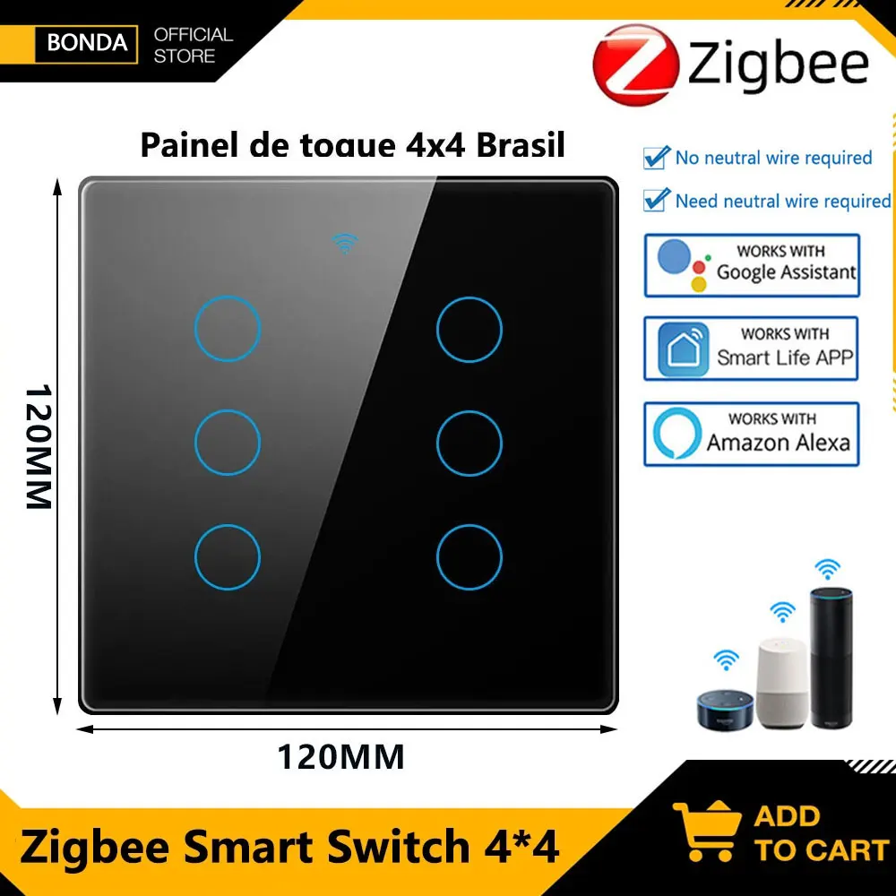 Interruptor Inteligente Tuya 4x4 Brasil Zigbee RF433 com Sensor de Toque para Casa Inteligente, Interruptor de Luz de 4/6 Teclas, Compatível com Alexa, Google Home e Alice
