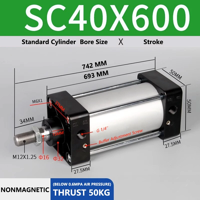 ABILKEEN SC40X600 Standard Pneumatic Reciprocating Cylinder 40mm Bore Size X 600 MM Stroke Double Acting Air Standard Cylinder