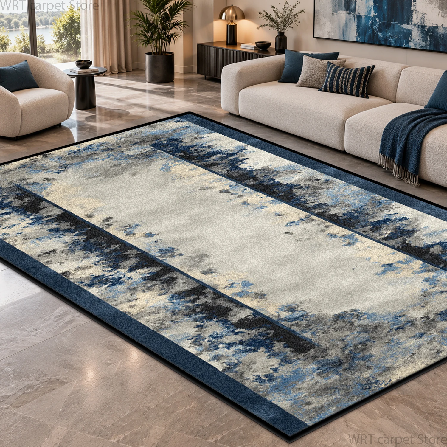 Modern Abstract Blue White Ripple Water Living Room Rug Non-slip Machine Washable Bedroom Big Size Carpet Soft Durable Floor Mat
