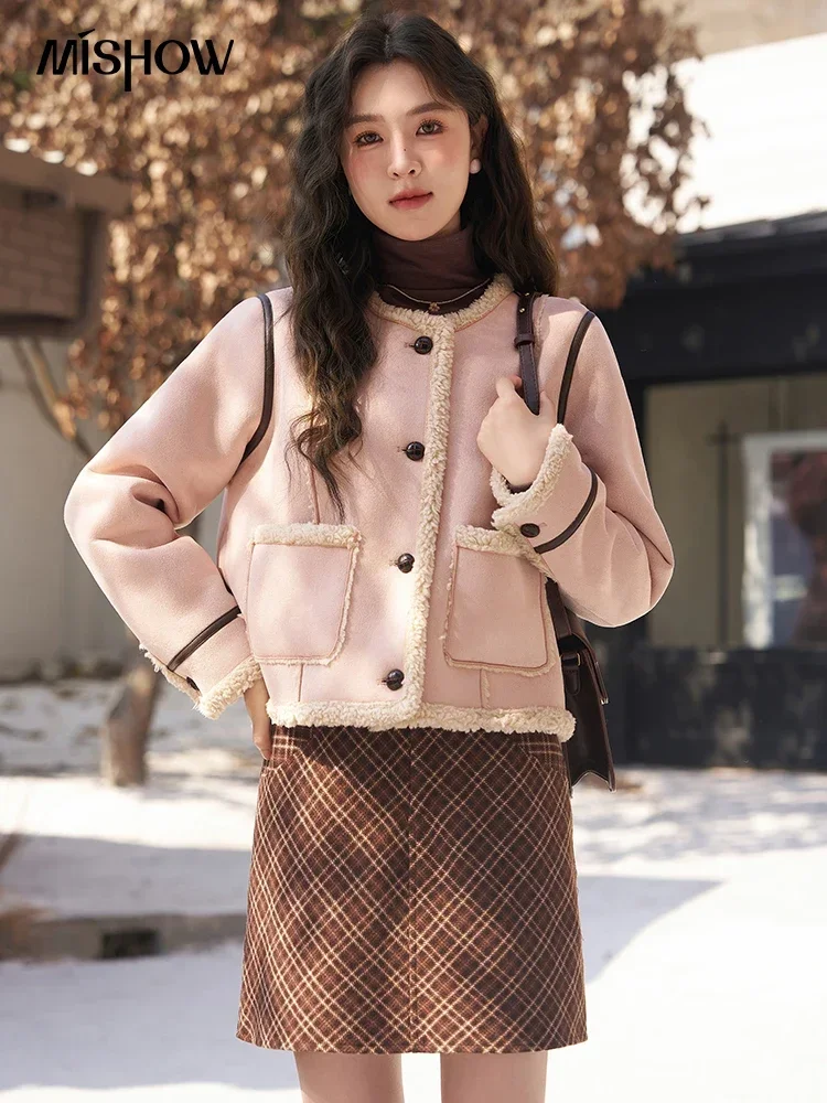 MISHOW Fur Integrated Jacket Winter Pink Gentle Faux Fur Coat Women Office Lady Suede Lamb Wool Thick Jackets Female MXC54W0276