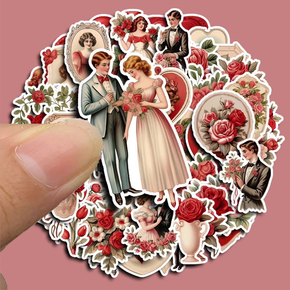 

10/30/50pcs Red Wedding Rose Art Aesthetic Stickers Retro Cartoon Decals Phone Notebook Scrapbook Sticker Valentine's Day Gift