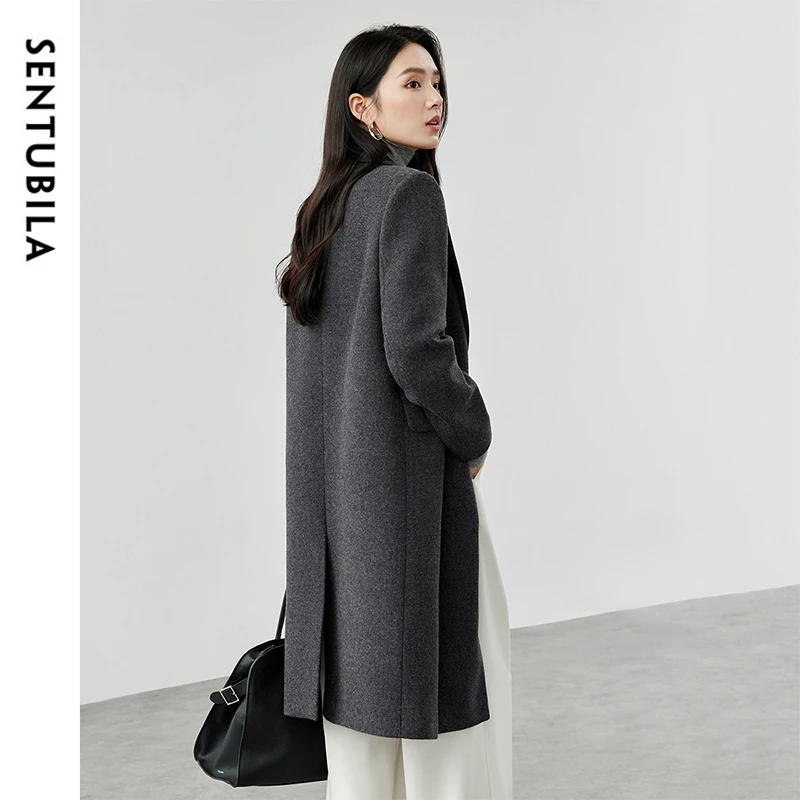 SENTUBILA Straight Wool Coat Women 2024 Winter Warm Korean Style Solid Mid-length High Quality Outerwears Ladies 144X56642