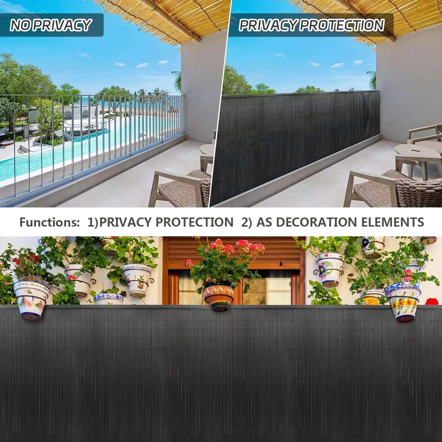 Anthrazitfarbene PVC-Balkonsichtschutzmatte 80x300cm Doppelt verstärkt, bohrfrei mit Kabelbindern, wasserdichter Windschutz für Terrasse und Garten – Detail 4