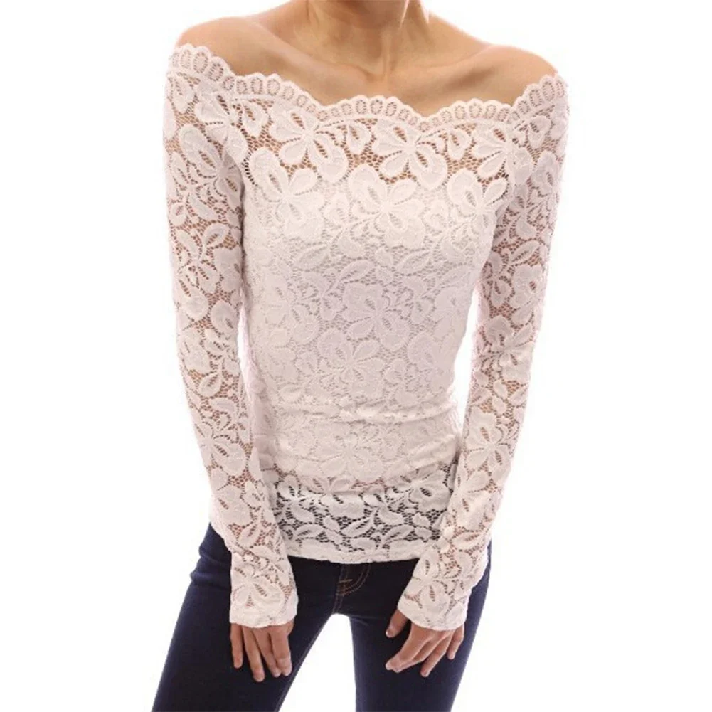 Women\'s Sexy Elegant Off Shoulder Lace Transparent Blouse Long Sleeve Solid Ladies Slim Fit Blouses Tops Slim Fit Female Tee