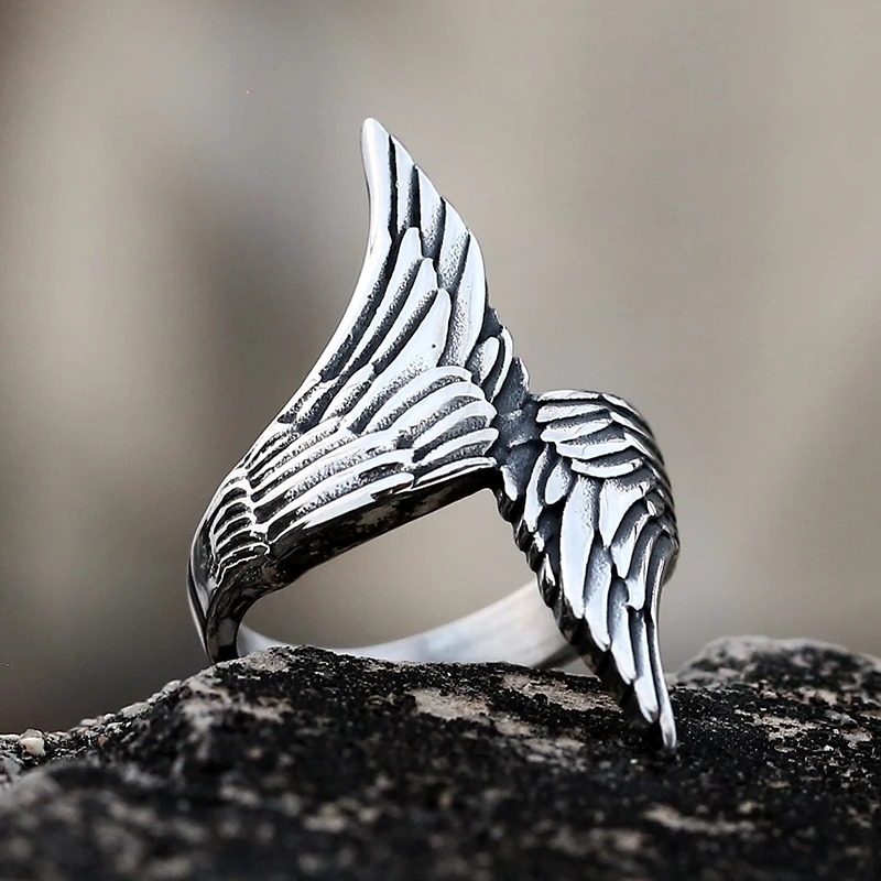 Vntage Dropshipping Good Polished New Men's 316L Stainless Steel Double Wing Ring Fashion Man Jewelry Boyfriend Gift