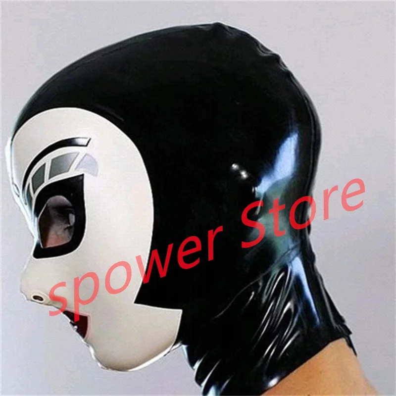 

Natural Latex Full Head Latex Hoods Rubber Mask Fetish Cosplay Costumes Black with White Trim Back Zip Club Wear
