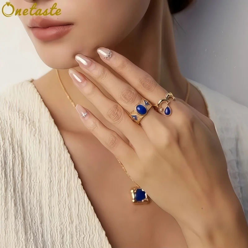 Lapis Lazuli Mother of Pearl 925 Sterling Silver Textured Wide Band Open Rings Women Blue Resin Trendy Statement Ring Love Gift