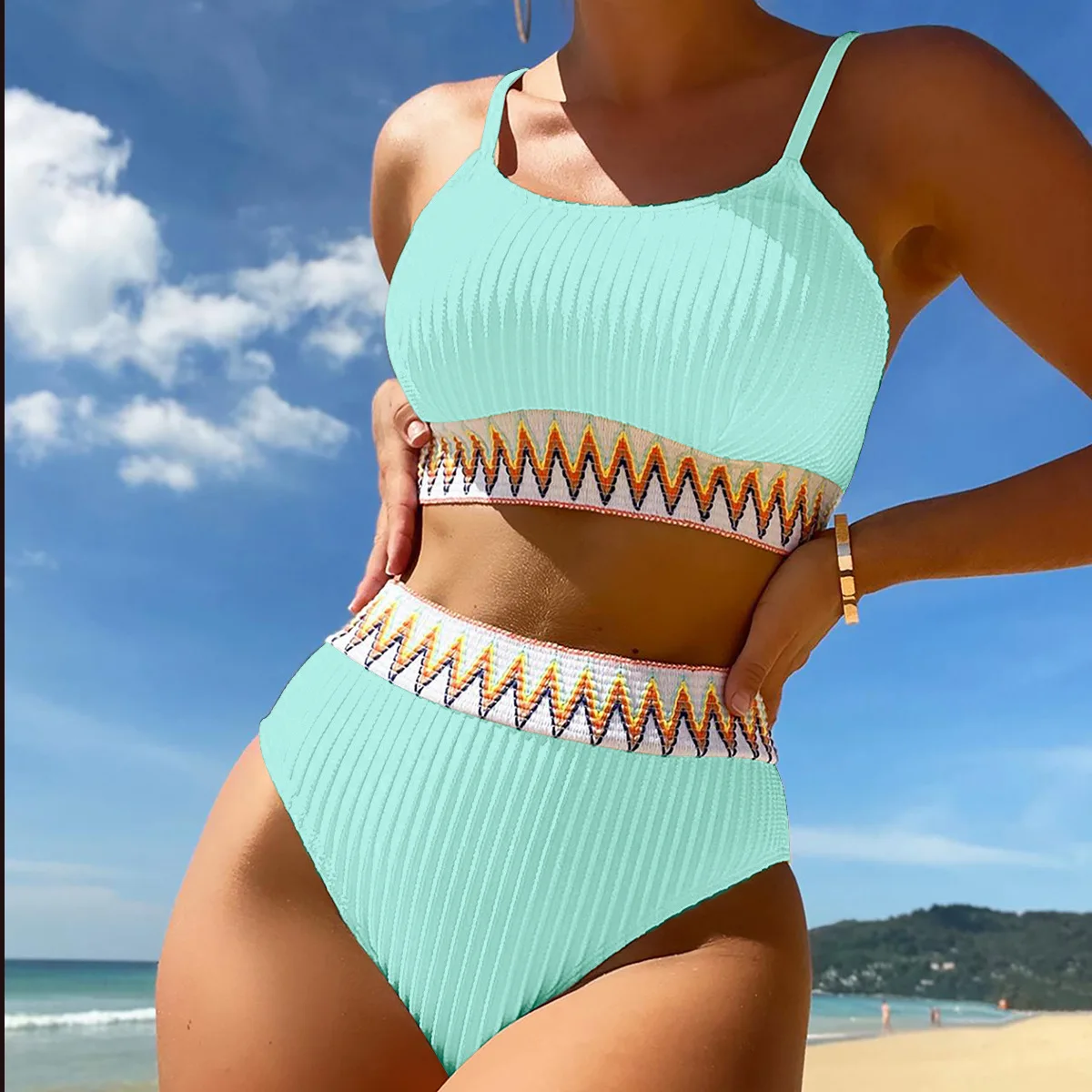 Women's Clothing Bikini High Waist Split Swimsuit Multi-color Sexy Suspender Top and Briefs Two-piece Bikini Set Bathing Suit