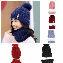 Neck Hat Set Warm Winter Knitted Hat Women Brand High Quality Winter Women Ball Ski Wool Fur Hats Pompoms Hats Knitted Scarf