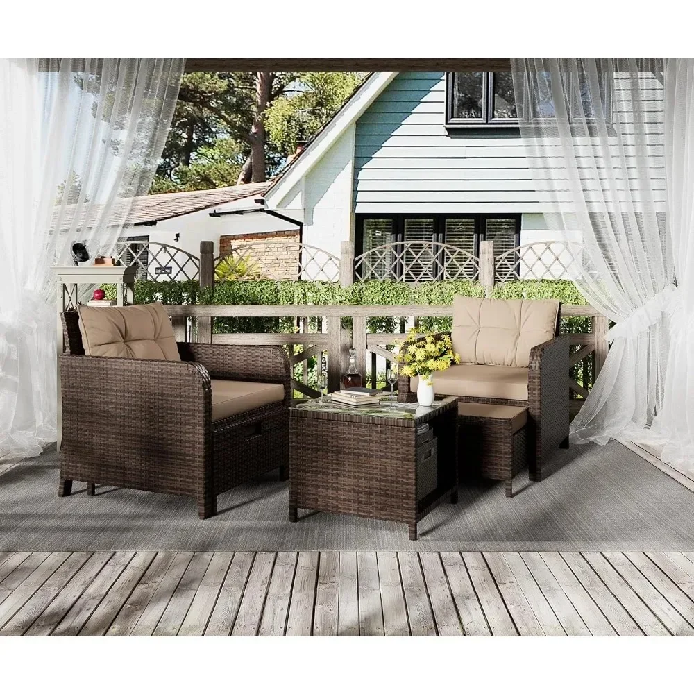 Garden Furniture Set 5 Piece, Wicker Rattan Lounge Chairs with Soft Cushions 2 Ottoman&Glass Table, Patio Conversation Set