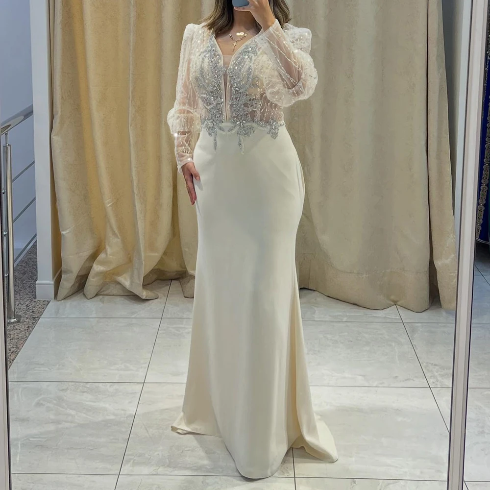 Customized A-line Evening Dresses Floor-length V-neck Full Sleeve Prom Gown Fashion Sequined Crystal Simple Draped Party Gown
