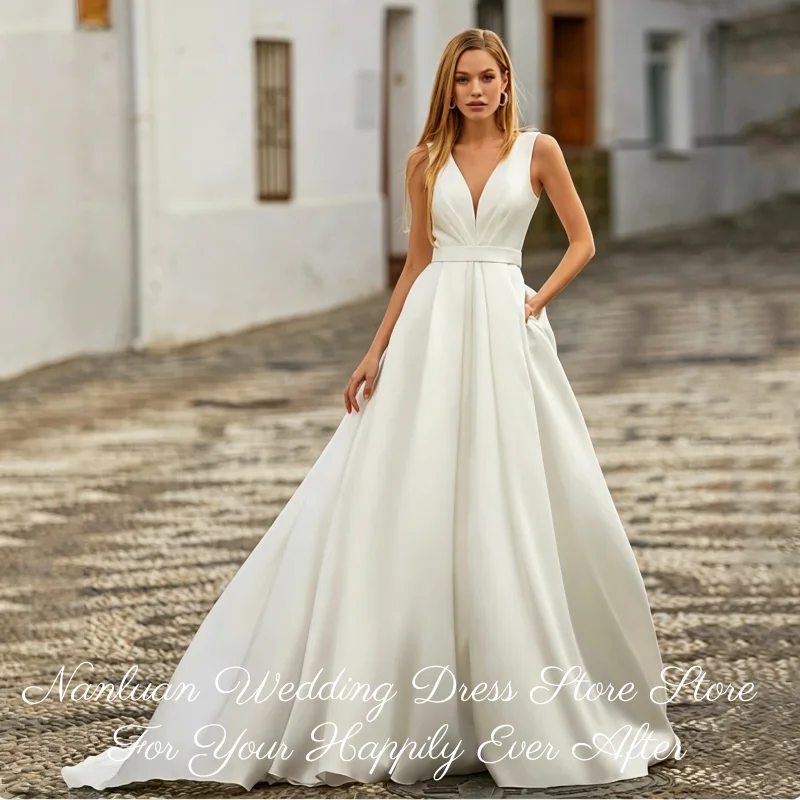 2026 Deep V Neck Satin A-Line Wedding Dress with Pockets Vestidos de Novia Customized