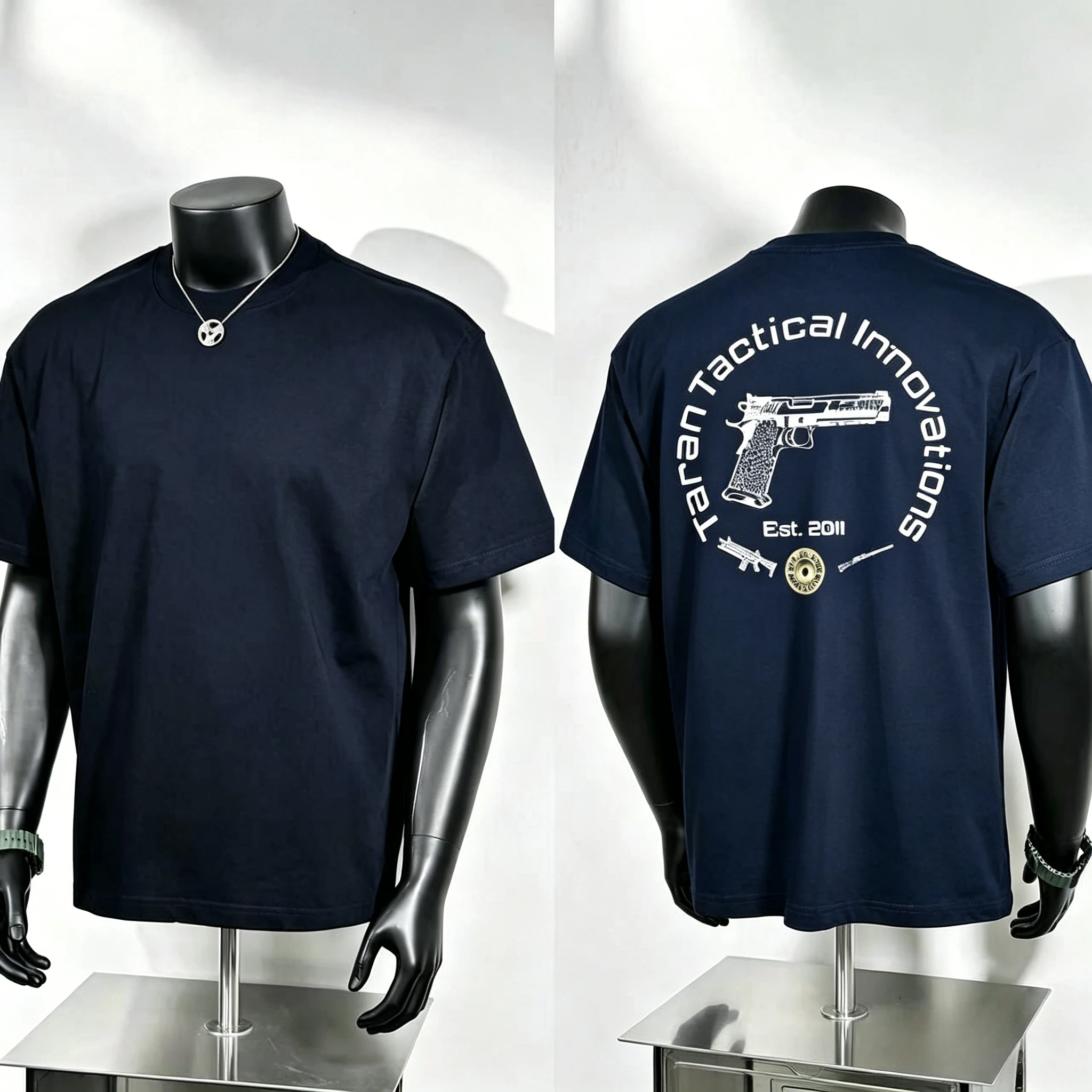 Taran Tactical Innovations Graphic T Shirt, Handgun Silhouette Front Print and Circular Badge Gun Print, Shooting Culture Tee