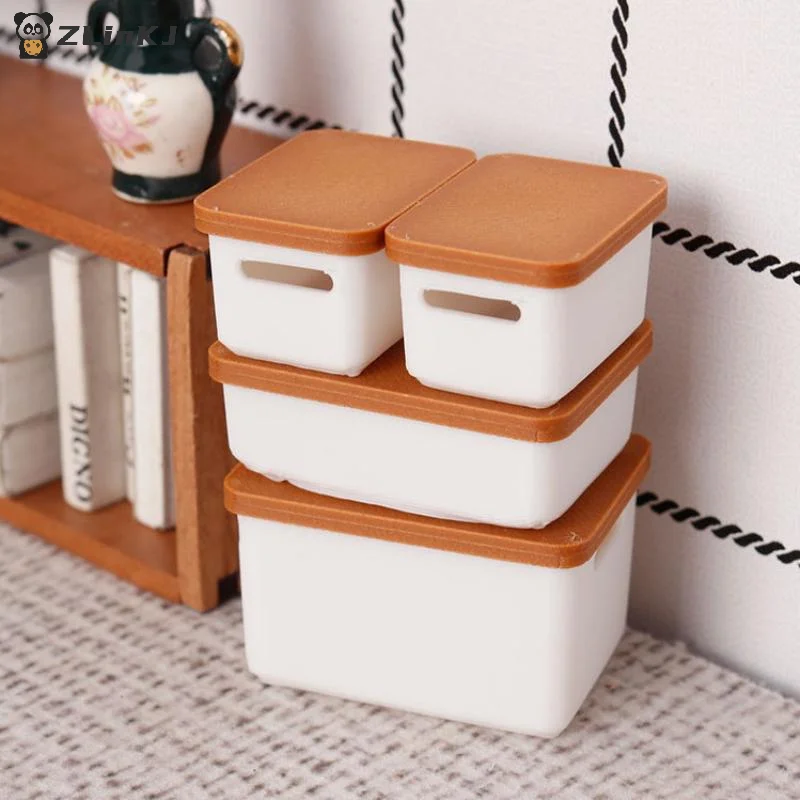 ▶4Pcs Mini Storage Case With Cover 1/12 Dollhouse Miniature Food Storage Box Model Doll House Accessories Toy