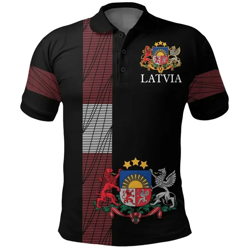 Fashion New Summer 3D Latvia National Flag Emblem Printing Polo Shirt Latvia Coat Of Arms Graphic Polo Shirts Vintage Cool Polos