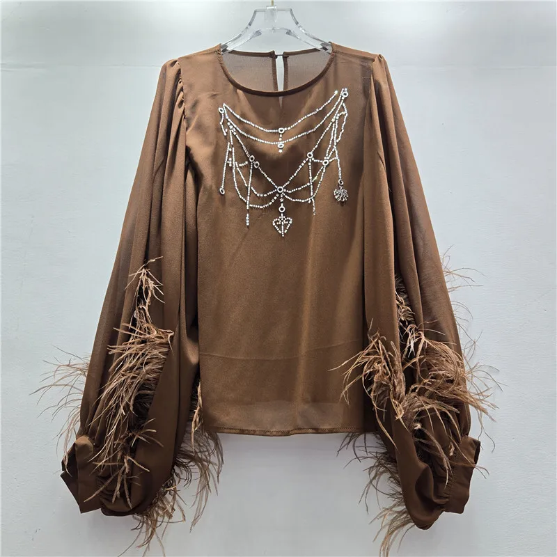 WTHT Fashion Women Diamonds Chain Loose Chiffon Shirt 2025 Autumn O-neck Spliced Feather Long Sleeve Blouse Female 1LS2668