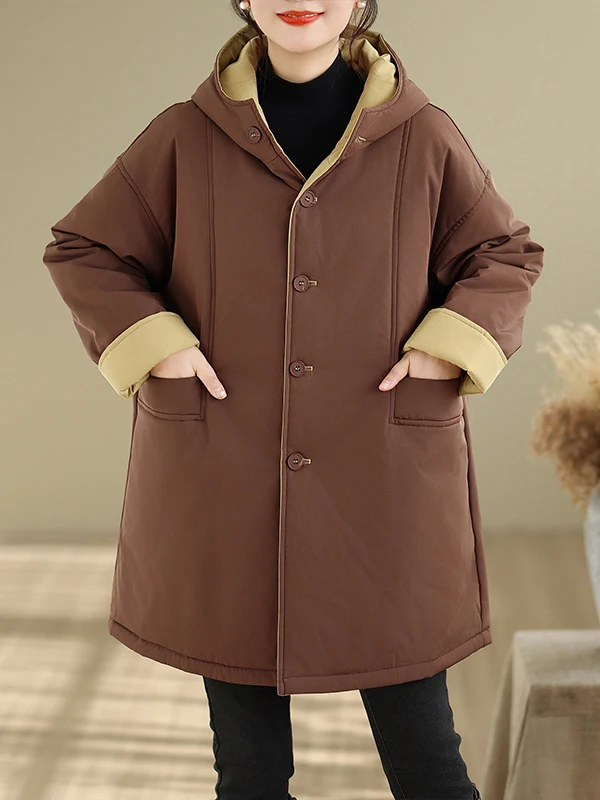 

Casual Hooded Contrast Color Mid-Length Cotton Jaet Women's Winter Slimming Versatile Double-Sided Wear Thiened Long Sve