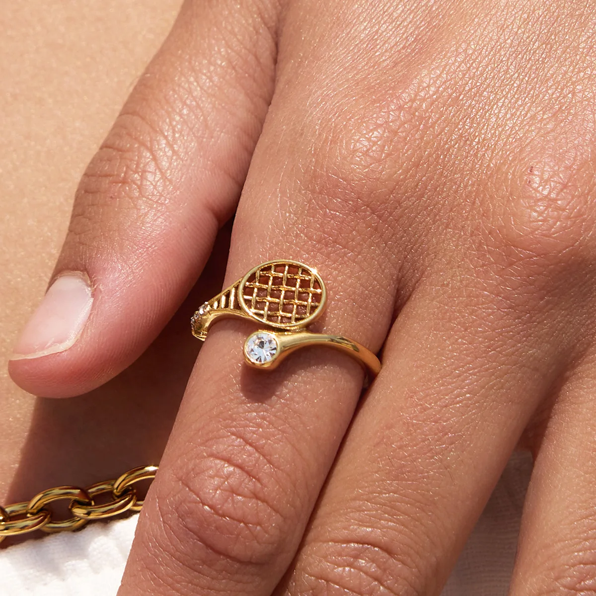 Original Tennis Racket Design Zircon Adjustable Ring Women Personality Summer New Jewelry Accessories Gift