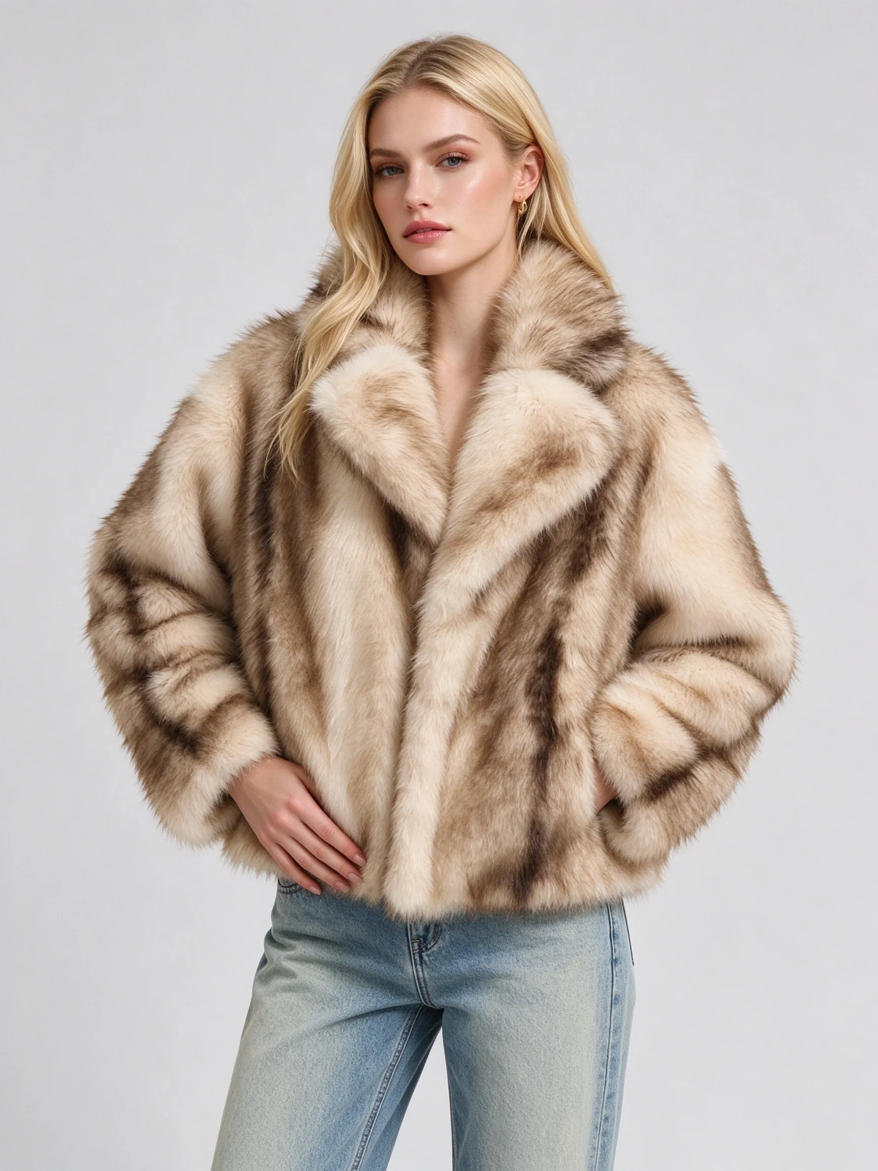 LIMO Women Gradient Faux Fox Fur Coat Lapel Loose Short Winter Fluffy Jacket