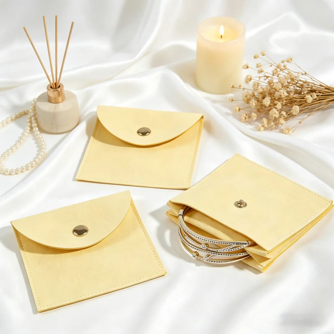 10 Stück gelbe Wildleder-Samt-Mikrofaser-Schmuckaufbewahrungsbeutel mit goldenem Knopf, für Hochzeit, Party, Ring, Anhänger, Zubehör, Verpackungsbeutel